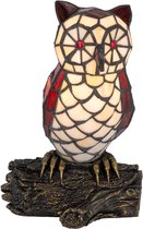Tiffany tafellamp Uil - Crème-rood - H 26,5 cm - Glas in lood - Warm licht - Decoratieve figuurlamp | RORUVERA