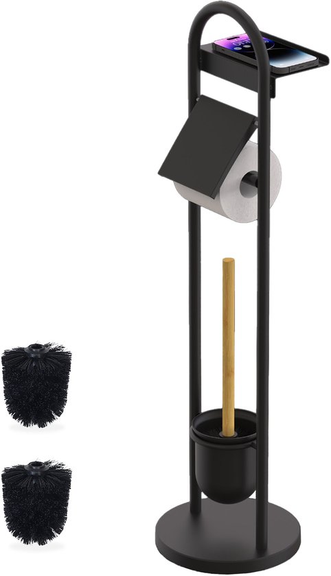 Zwarte toiletrolhouder met plankje, toiletborstel en twee reserve borstels.