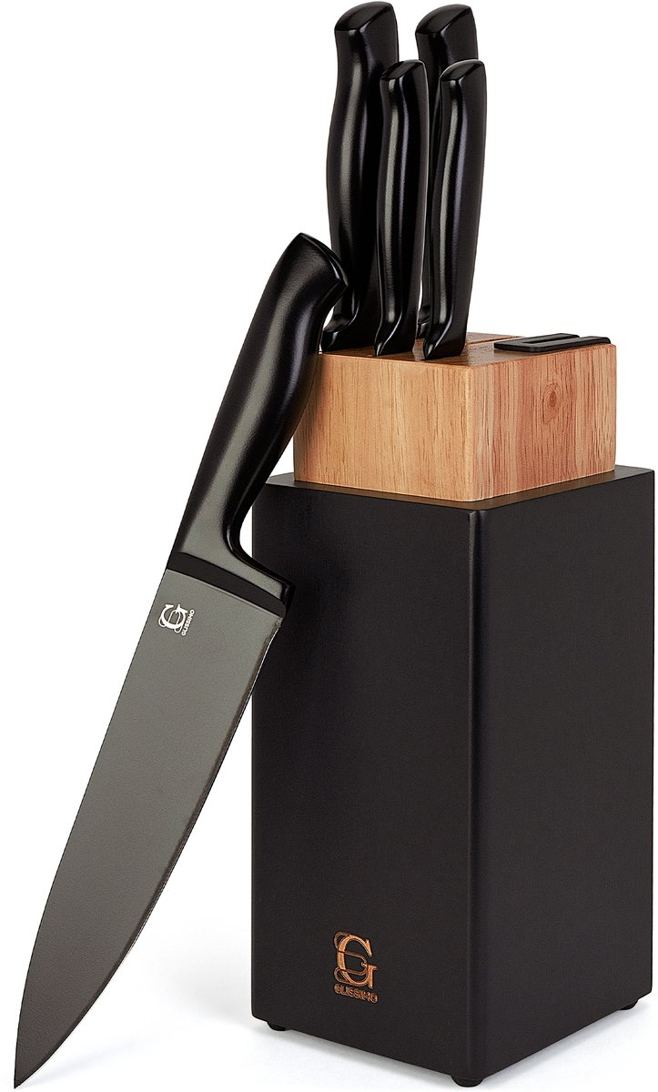 Glissimo Cookware - Messenblok met Messenset + Magnetische Messenstrip – Messenslijper – Magnetisch – Ergonomisch