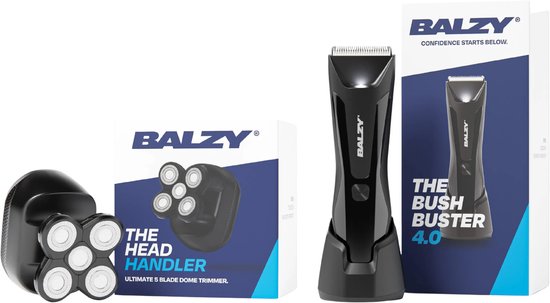 Rasoir Balzy The Head Handler à 5 lames et tondeuse Balzy The Bush Buster 4.0 avec socle.