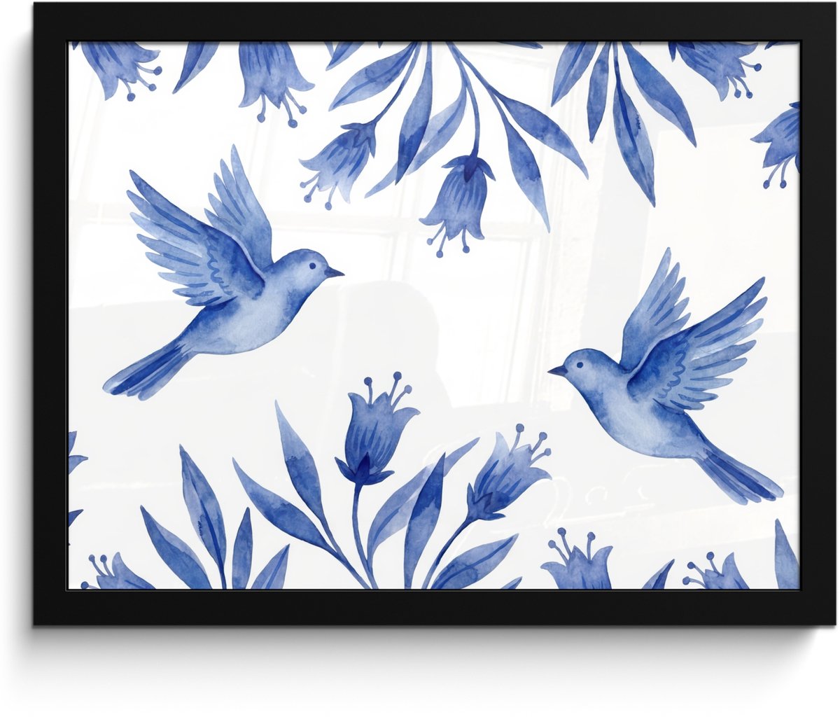 FrameYourWall Poster in lijst - Fotolijst 40x30 cm - Posters - Modern - Vogels - Delfts - Blauw - Posterlijst zwart - Decoratie - Wanddecoratie woonkamer - Muurdecoratie slaapkamer