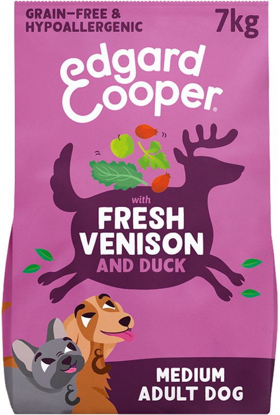 Roze Edgard Cooper zak met hert, fruit en twee honden. 7kg, graanvrij.