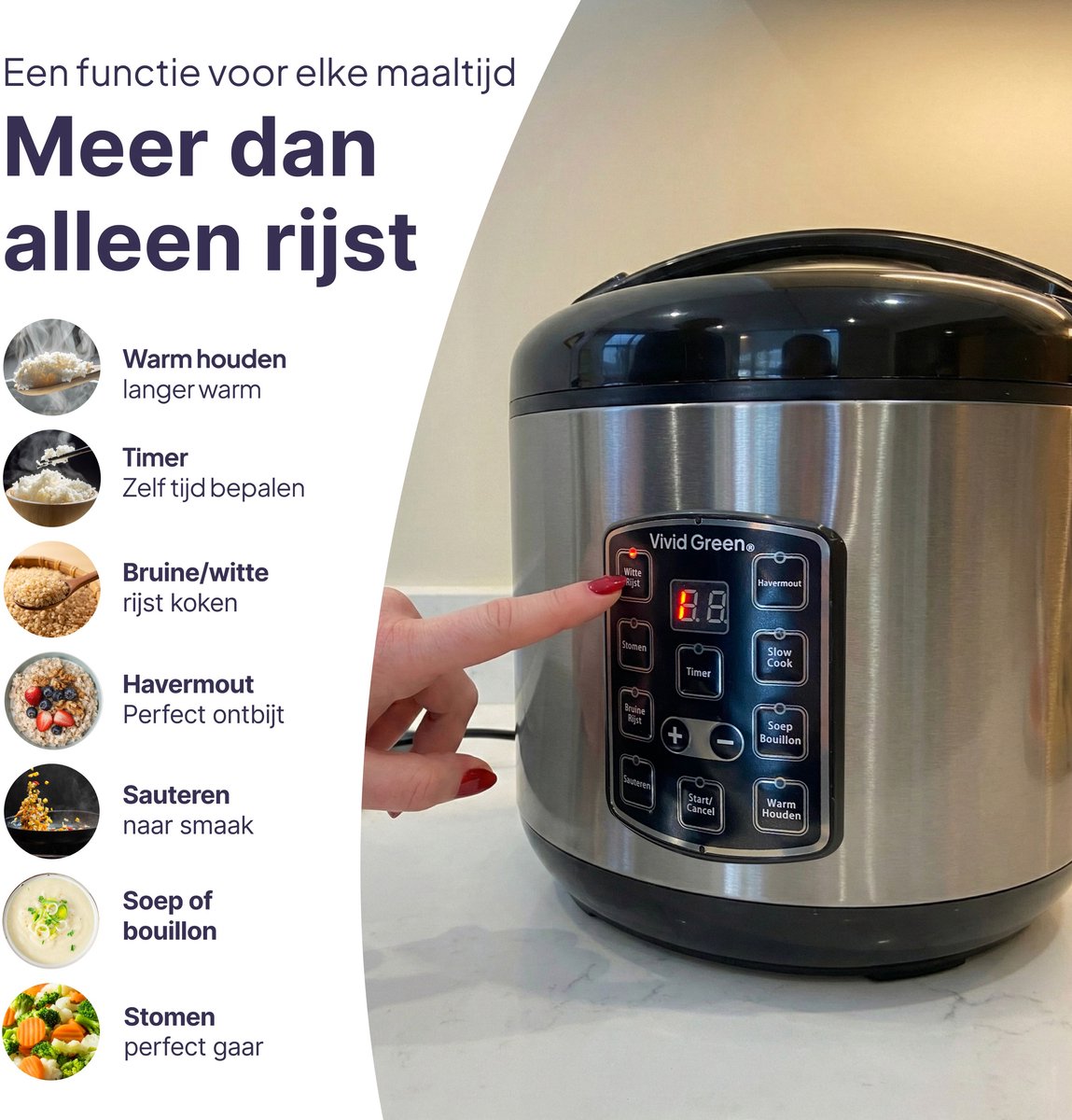 Rijstkoker met Stomer - 1.8L - Slowcooker met Timer - 10 Porties - Multicooker - Rice Cooker - RVS - Vivid Green – foto 5