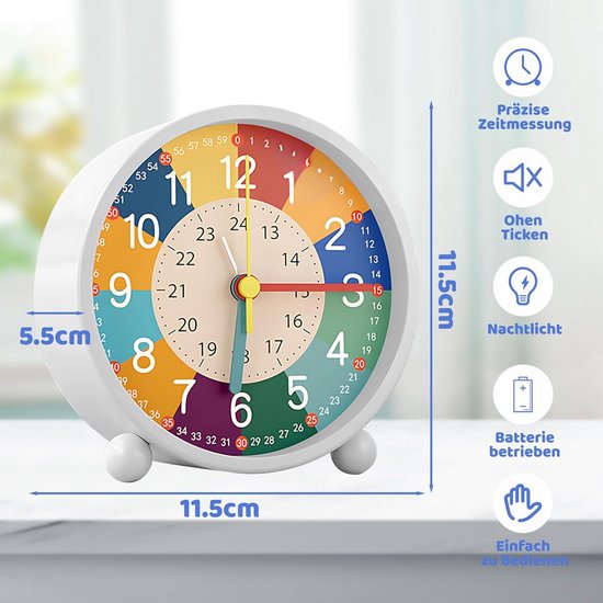 Kinderalarmklok Analoge Wekker Zonder Tikken met Nachtlampje Leerwekker van Merkloos — afbeelding 3