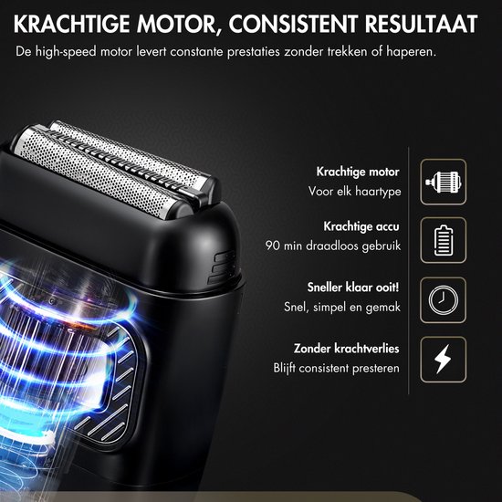 Close-up van een zwart scheerapparaat met blauwe gloed die de krachtige motor illustreert. Iconen tonen motor, accu, tijd en kracht. Tekst: "Krachtige motor, consistent resultaat."