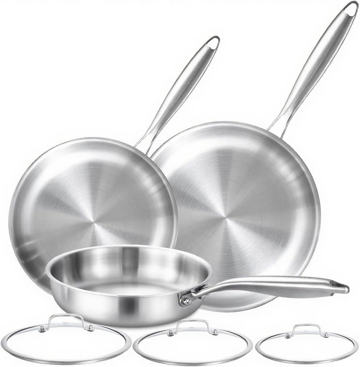Set van 3 Koekenpannen RVS met Deksel - Inductie Geschikt