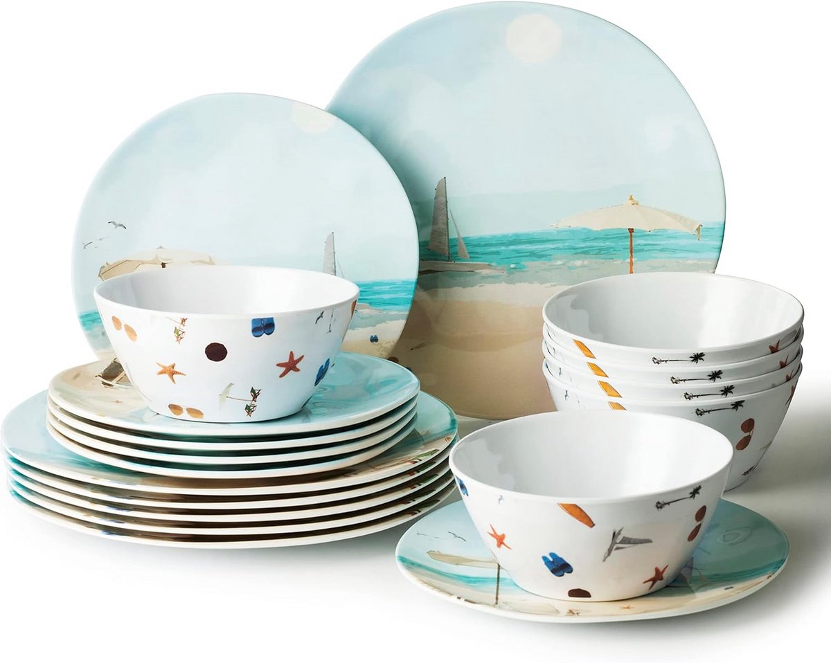 18-delige Melamine Servies Set voor 6 Personen - Onbreekbaar Buiten en Strandservies