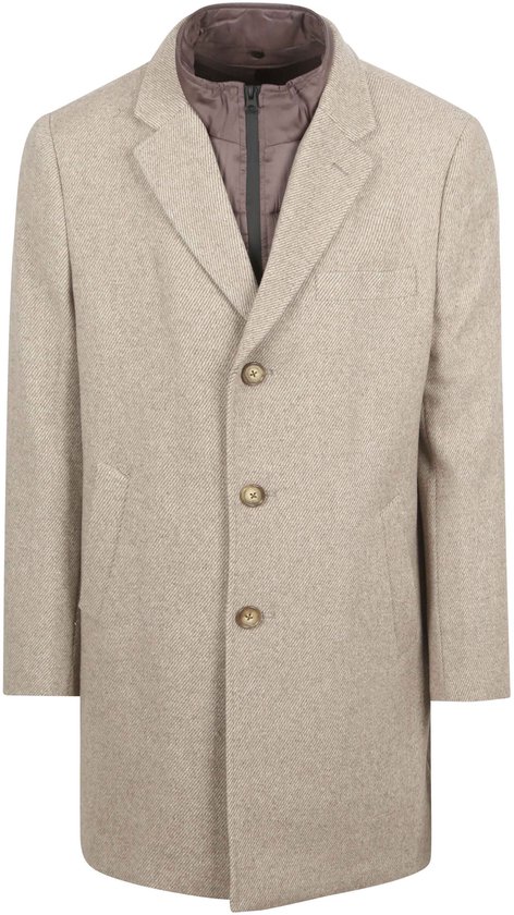 Beige twill jas met drie bruine knopen en een bruine, doorgestikte voering zichtbaar bij de kraag.