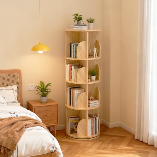 Foto: Draaibare boekenplank vrijstaande plank van massief hout kinder boekenplank met 4 planken 129cm boekenkast ronde archiefkast voor