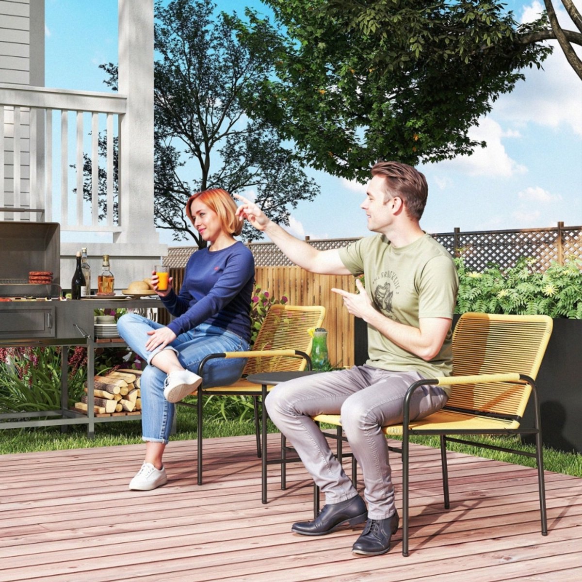 OKWISH Bistroset 3-Delig 2 Stoelen En Tafel 54x66x76 cm - Weerbestendig En Comfortabel - Balkon Tuin Terras - Staal - Geel