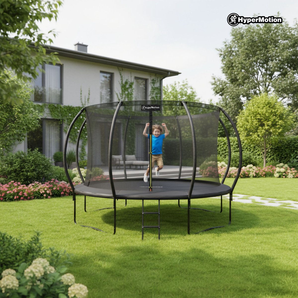 HyperMotion Kindertuintrampoline 3+, trampoline met ladder en binnennet voor huis en tuin, kinderspeelplaats, kindertrampoline, dubbele poten, 366 cm, 12 ft — afbeelding 12