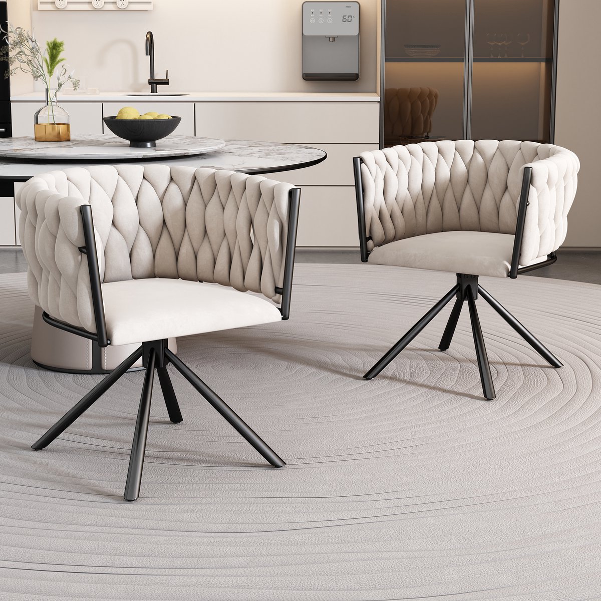 STILVORA Eetkamerstoel 2 Stuks - 360 Graden Draaibaar - Ergonomische Kuipstoel Voor Eetkamer Woonkamer Slaapkamer - Fluweel Beige