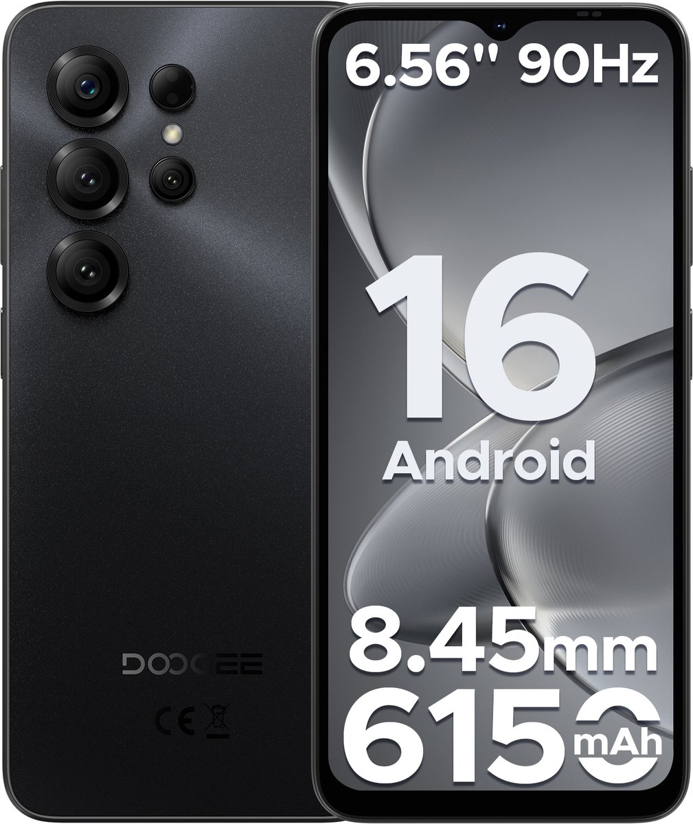 DOOGEE Note 56X - Smartphone - Android 16 - 24 GB RAM + 64 GB ROM / TF 2 TB - Octa core processor - 6,56 inch HD+ 90 Hz - 8 MP camera - 6150 mAh - 4G dual SIM - Face ID - GPS - OTG - Zwart