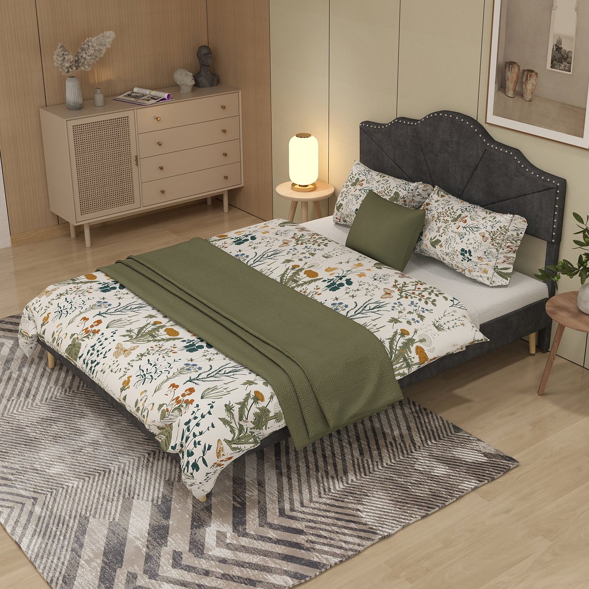 MODFU Bedframe 160x200 cm – Gestoffeerd met geometrisch design – Grijs