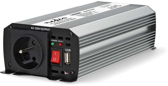 Zilverkleurige omvormer met CEE 7/3 stopcontact, USB-poort, rode schakelaar en indicatielampjes.