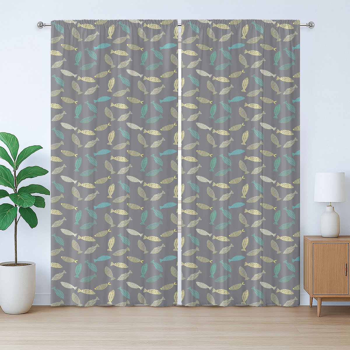 ABAKUHAUS Rustiek Visgordijn, Abstracte Vis, met Bandjes voor de Woonkamer met Lussen en Haken, 280 x 245 cm, Multicolor