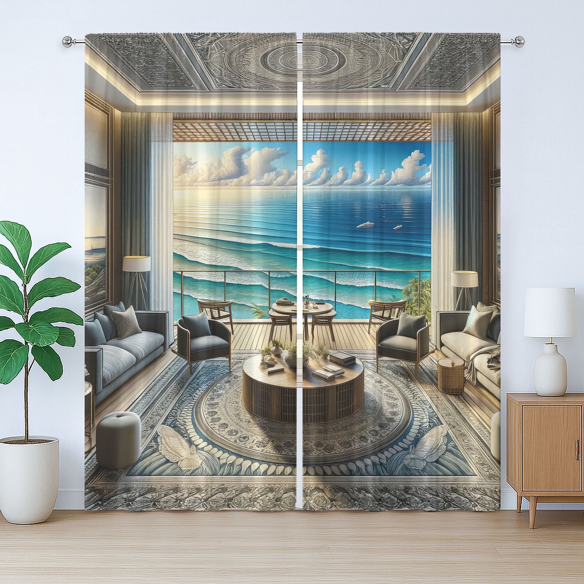 ABAKUHAUS Fantasy Landschap Rustiek Gordijn, Oosterse Oceaan Kamer, Woonkamer met Bandjes, Lussen en Haken, 280 x 225 cm, Kokosblauw Turkoois
