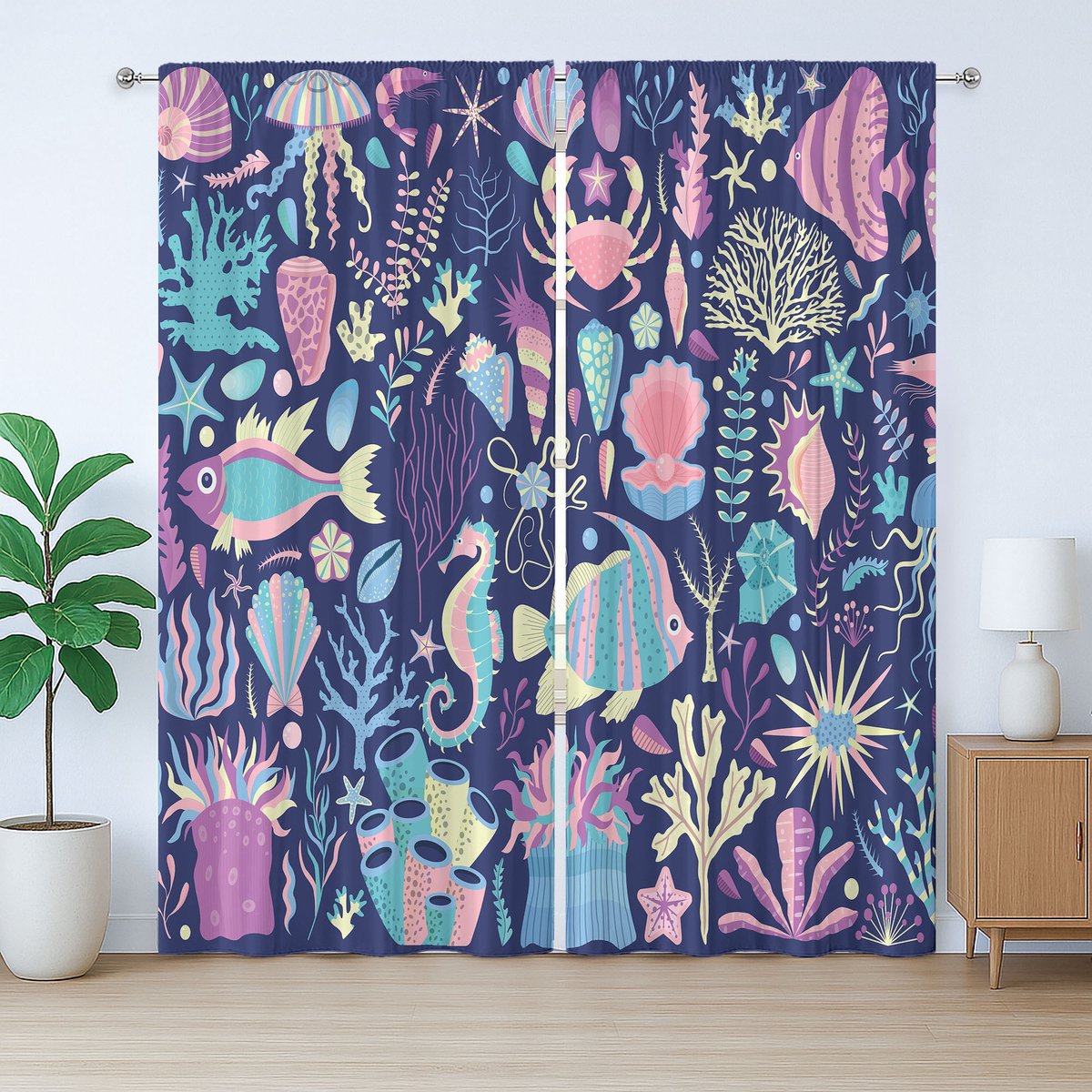 ABAKUHAUS Aqua Kwallen Rustiek Gordijn, Diverse Onderwaterontwerpen, met Lussen en Haken, 280 x 225 cm, Nachtblauw en Meerkleurig