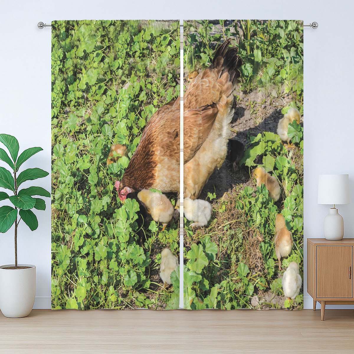 ABAKUHAUS Rustiek gordijn met kip en kuiken, dieren op klavertjes, met lussen en haken voor de woonkamer, 280 x 245 cm, appelgroen meerkleurig