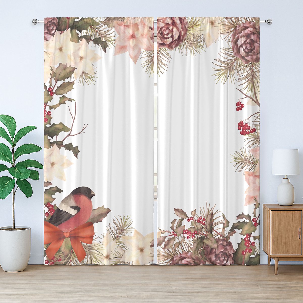 ABAKUHAUS Rustiek Nieuwjaarsgordijn, Gimpel met Cederhout, Geplooid Slaapkamergordijn met Lussen en Haken, 280 x 260 cm, Gedroogde Roos Licht Perzik