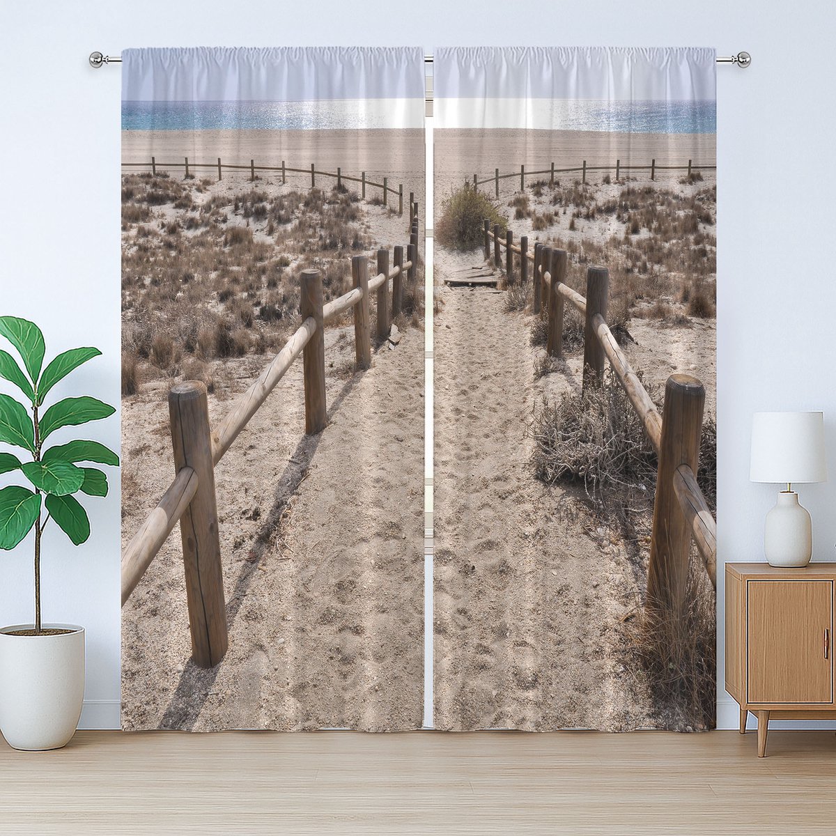 ABAKUHAUS Rustiek strandgordijn, kustvakantie oceaan, slaapkamergordijn met plooien en haken, 280 x 260 cm, beige blauw