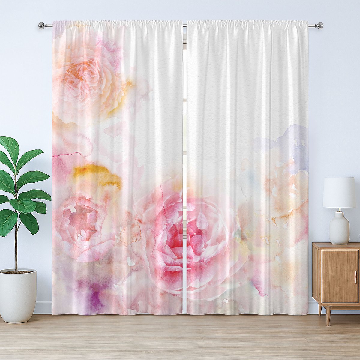 ABAKUHAUS Shabby Chic Rustiek Gordijn, Lichtroze Rozen, met Bandjes, Lussen en Haken voor de Woonkamer, 280 x 260 cm, Lichtroze