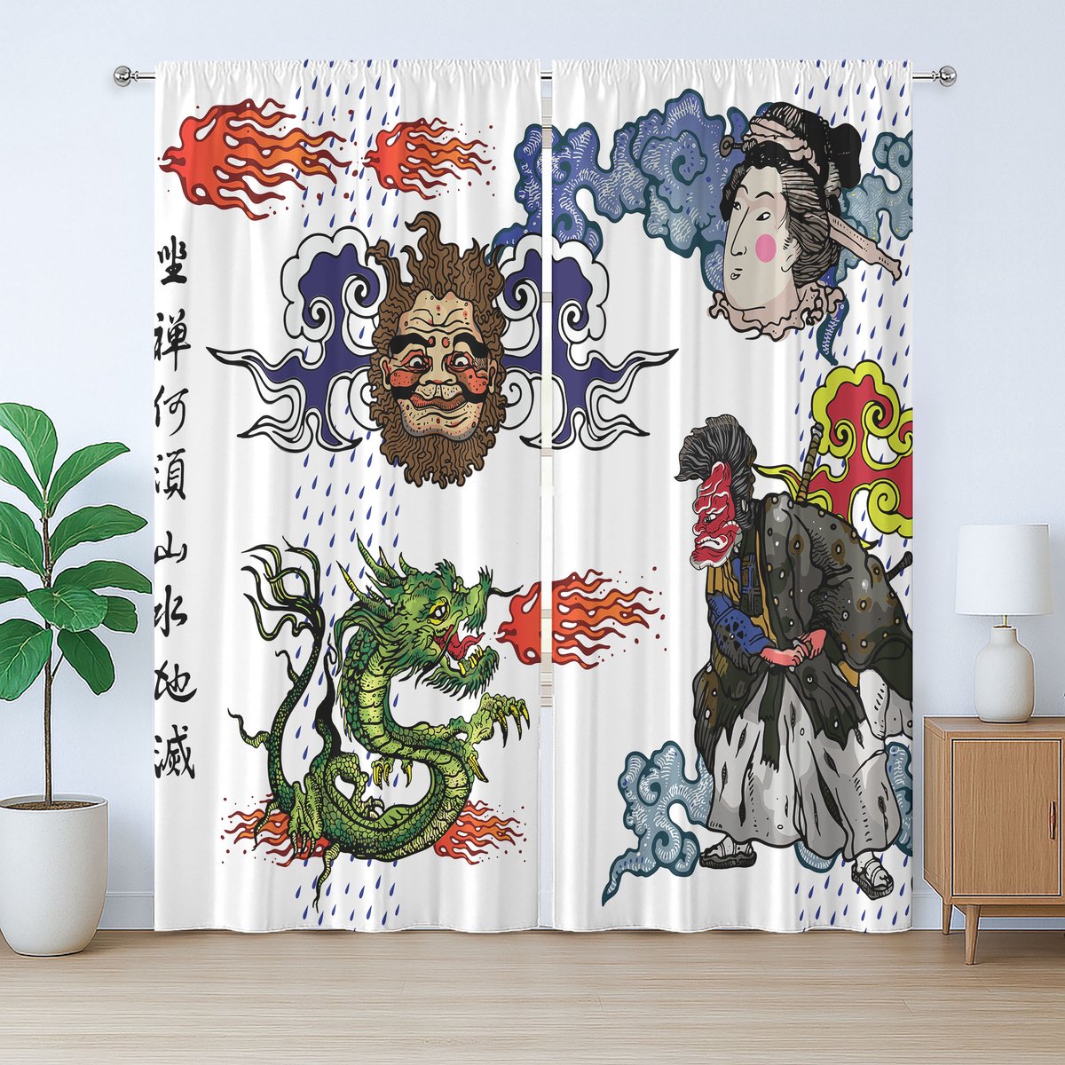 ABAKUHAUS Japanse rustieke gordijnen, manga-stijl draak, slaapkamergordijn met plooien en haken, 280 x 175 cm, groenblauw