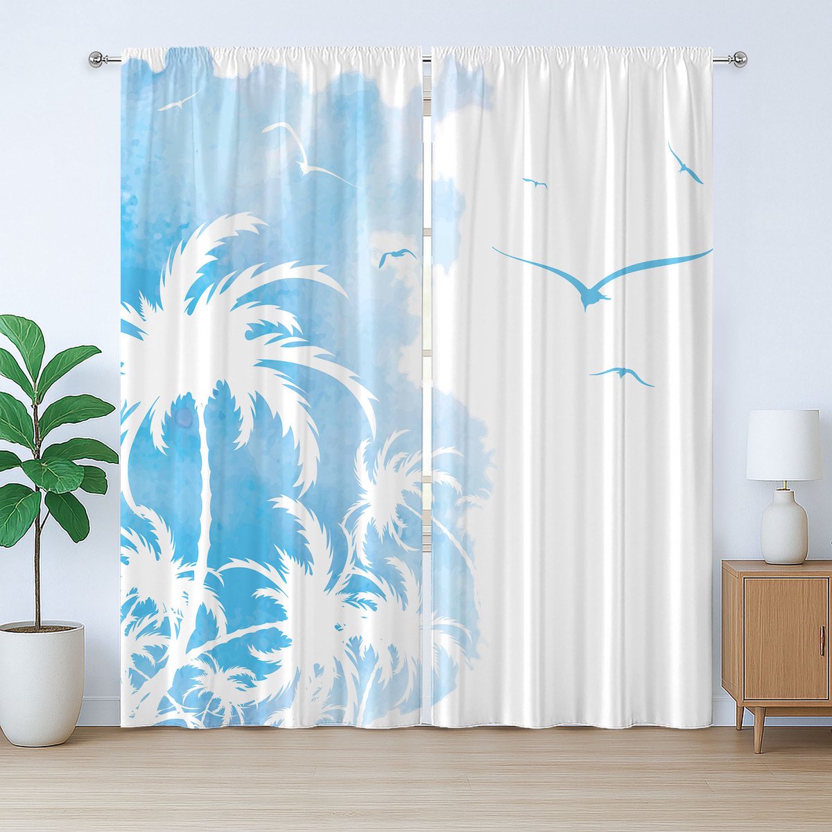 ABAKUHAUS Exotisch rustiek gordijn, Island Palms Samenvatting, slaapkamergordijn met plooien, lussen en haken, 280 x 225 cm, hemelsblauw en wit