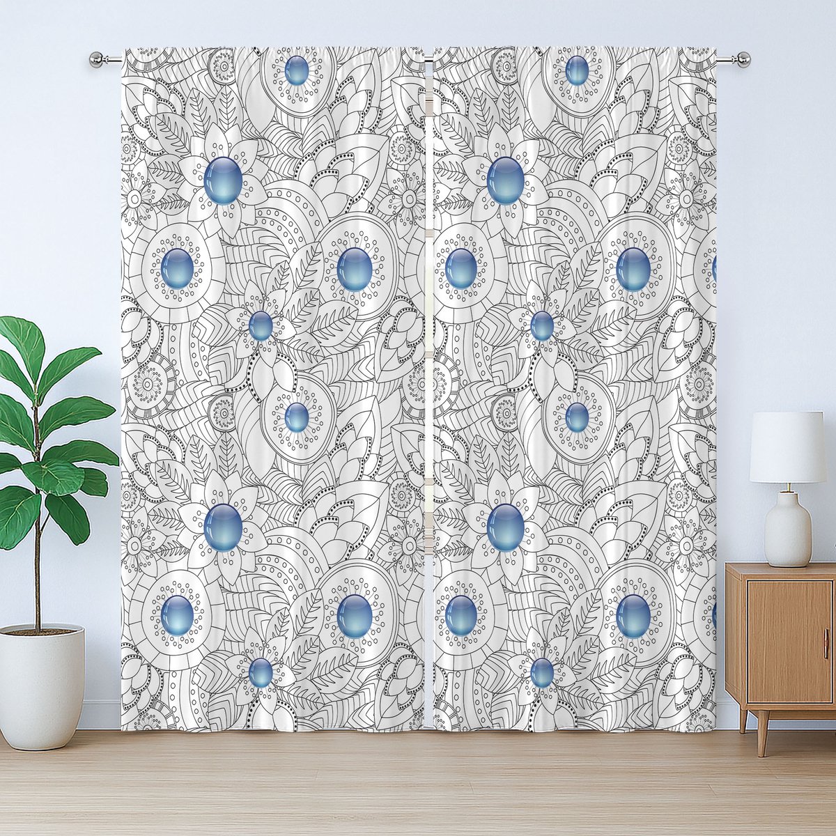 ABAKUHAUS Rustiek bloemengordijn, bloemen met blauwe stippen, met lussen en haken voor de woonkamer, 280 x 175 cm, zwart wit blauw