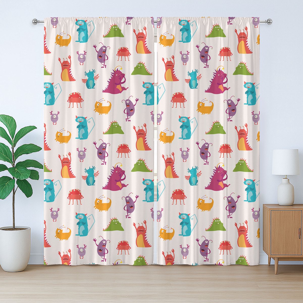 ABAKUHAUS Rustiek gordijn voor de kleuterschool, kleurrijk griezelig monster, met lussen en haken voor de woonkamer, 280 x 225 cm, ivoorkleurig