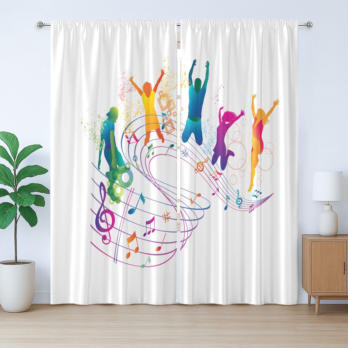 ABAKUHAUS Rustiek gordijn voor jongeren, dansende mensen op muziek, geplooid gordijn voor de slaapkamer met lussen en haken, 280 x 245 cm, meerkleurig