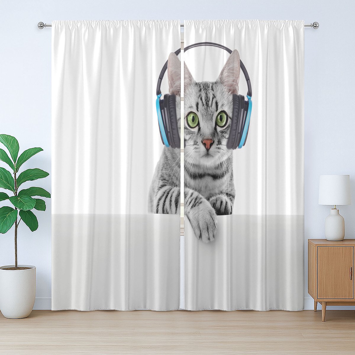 ABAKUHAUS Rustiek kattengordijn, dierengeluiden, met lussen en haken voor de woonkamer, 280 x 245 cm, grijs wit