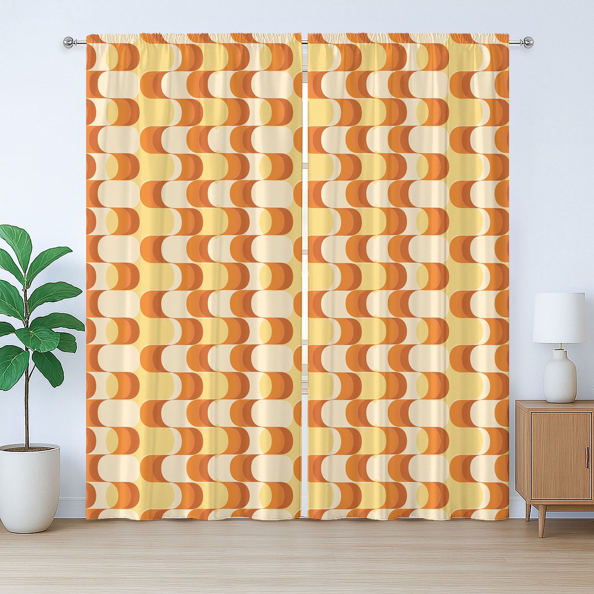 ABAKUHAUS Retro Rustiek Gordijn, Golfpatroon Halve Maan, Slaapkamergordijn met Plissébanden, Lussen en Haken, 280 x 225 cm, Oranjegeel Zand