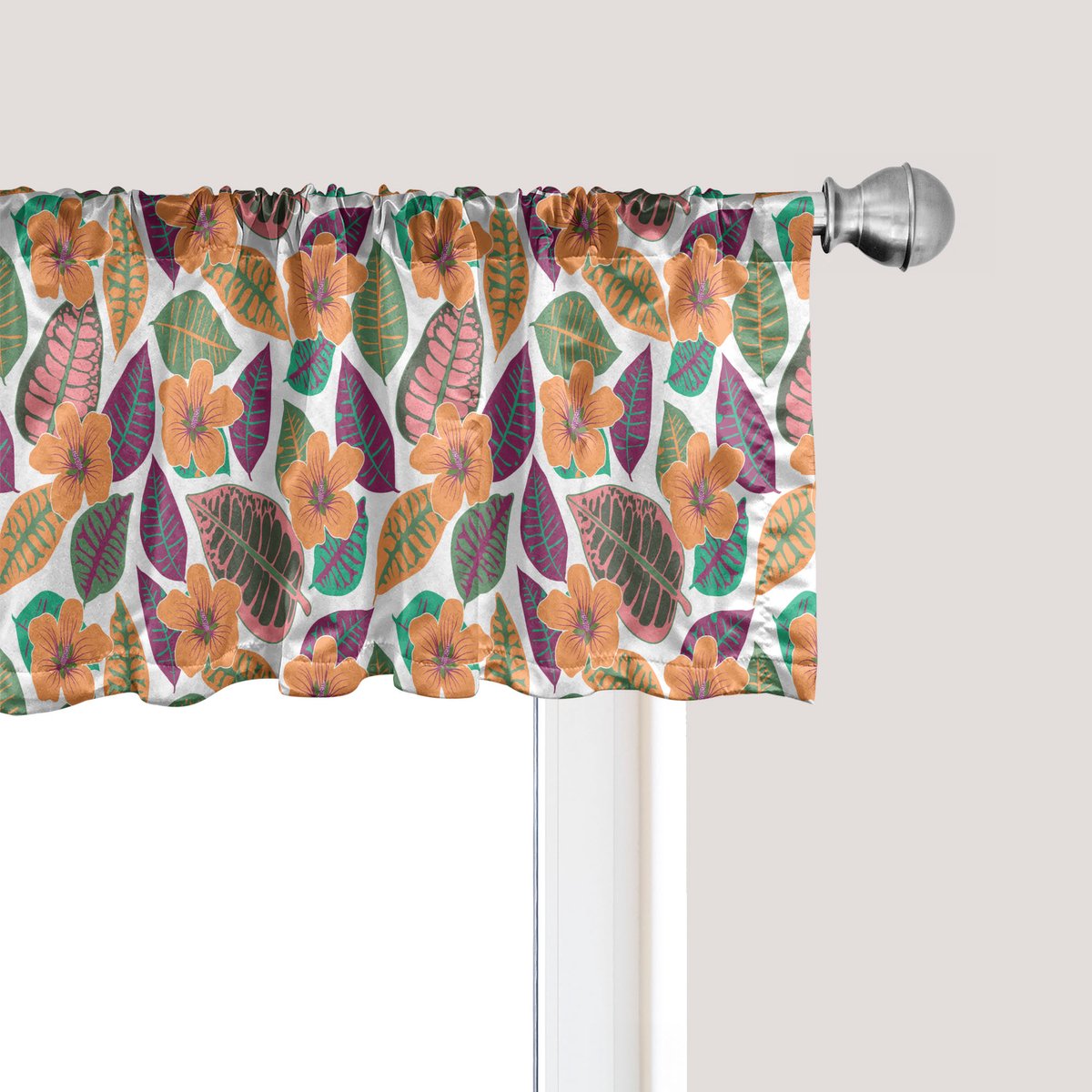 ABAKUHAUS Philodendron raamvalletje, gordijnvalletje voor keuken en slaapkamer met tunnelzoom, 137 cm x 45 cm, paars donker perzik wit