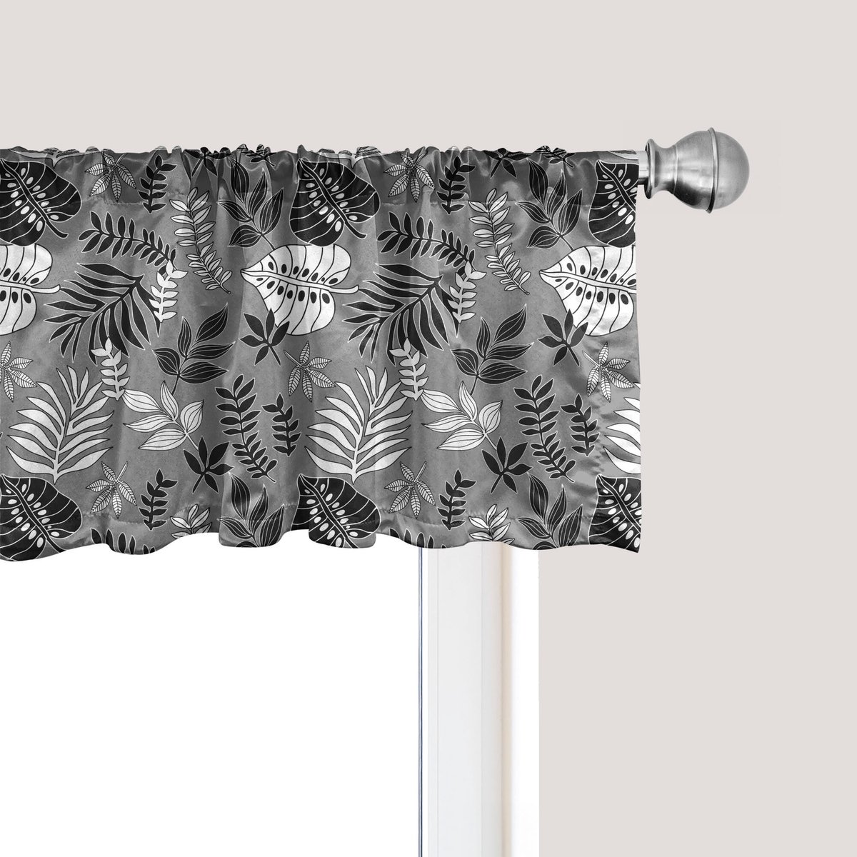 ABAKUHAUS Botanische raamvalance, gordijnvalance voor keuken en slaapkamer met tunnelzoom, 137 cm x 30 cm, wit/lichtgrijs