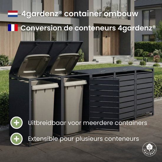 Twee naast elkaar geplaatste donkergrijze kliko-ombouwen, elk met een open deksel en een beige afvalbak erin.