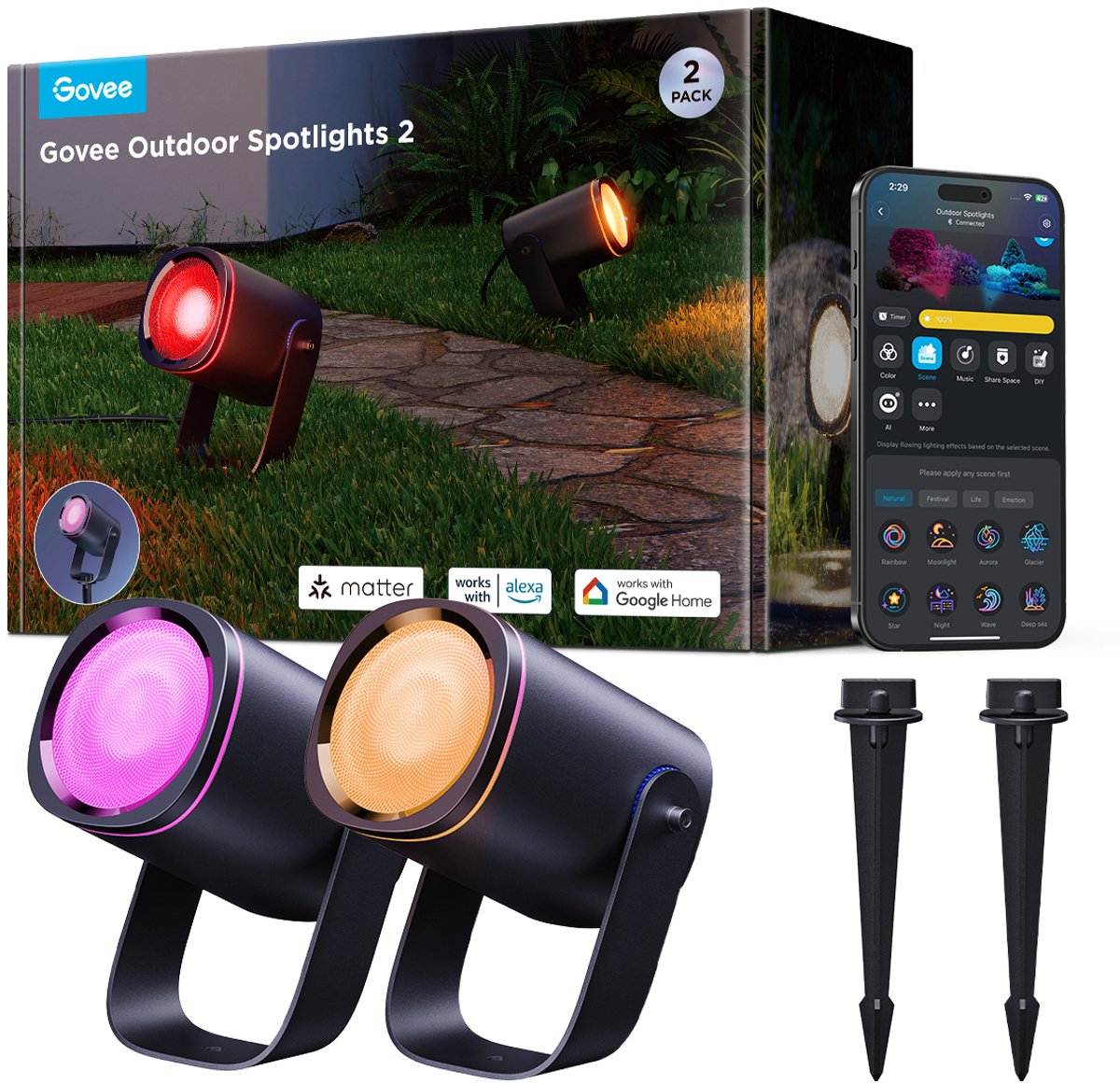 Govee slimme buitenspots Matter RGBICWW - 2 pack tuinspots