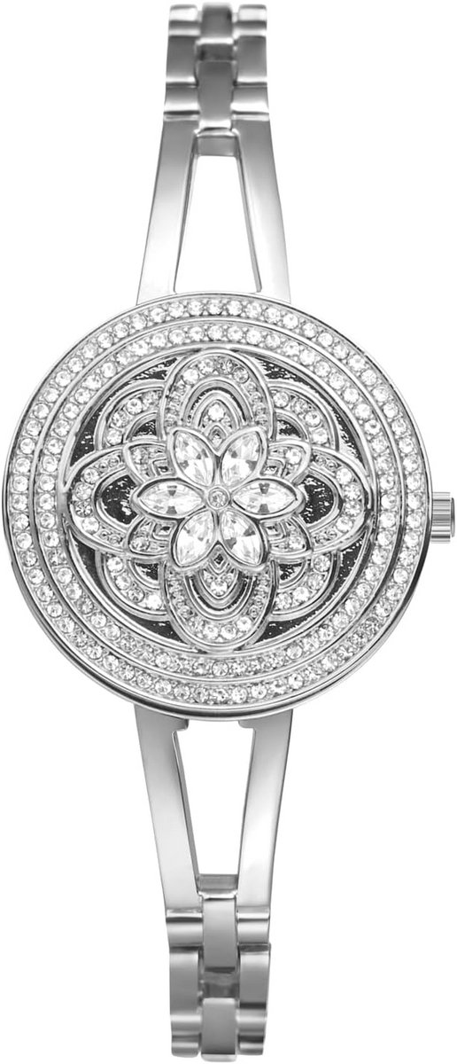 Dameshorloge Zilver Analoog Kwarts Smalle RVS Band Bloem Strass