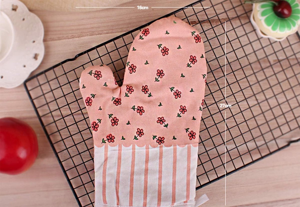 Hittebestendige Keukenhandschoenen - Lange Ovenwanten met Antislip Silicone en Katoenen Voering voor BBQ, Keuken en Bakken (Roze Bloemen)