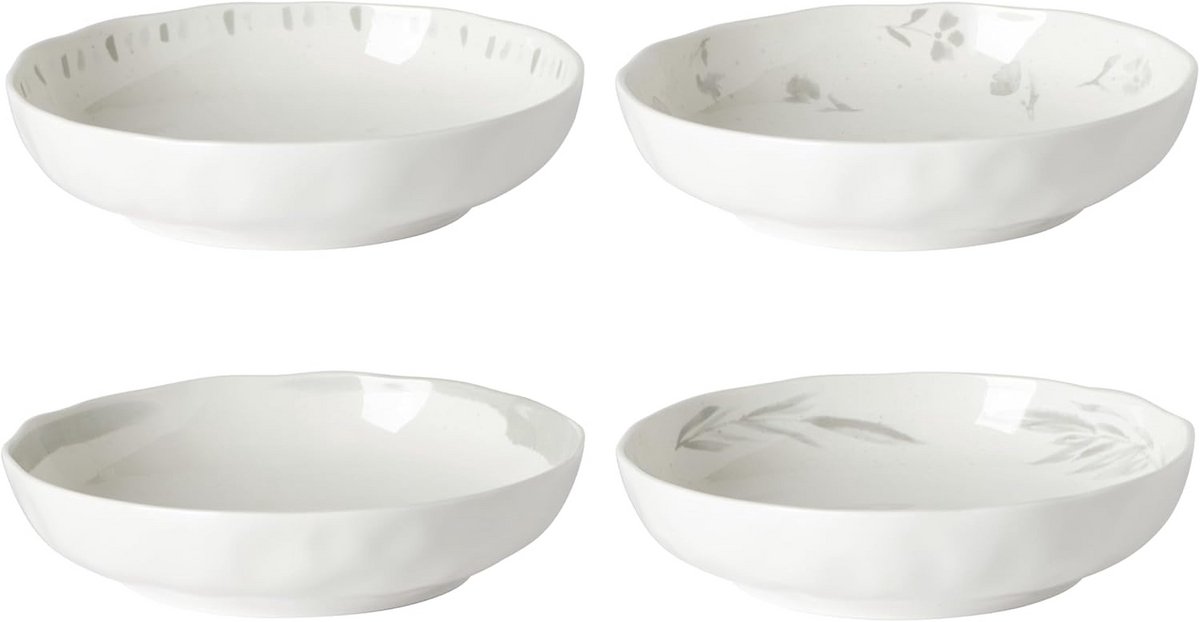 Set van 4 Witte Pastakommen Ø12 cm met Grijs Accent - Organisch Design