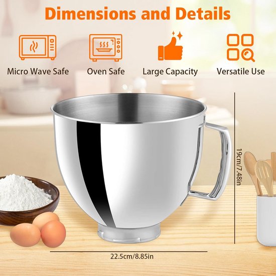 Roestvrijstalen Mengkom met Handvat voor 4.5-5 QT Stand Mixer - Vaatwasmachinebestendig van Merkloos — afbeelding 3