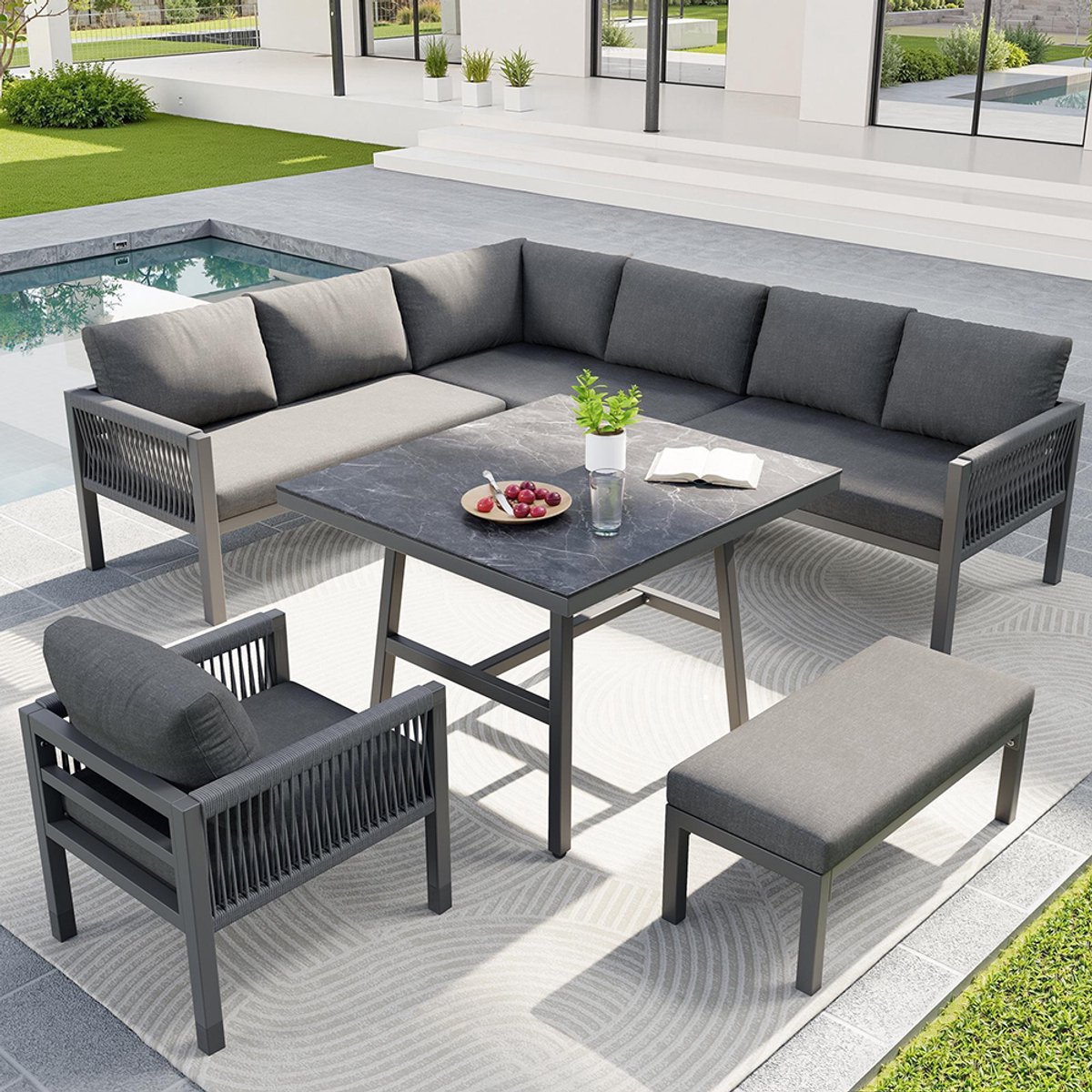 BLACKCOLORS - Handgeweven L-vormige tuinbank voor 8 personen - IJzeren frame met grijze kussens - Incl. marmeren glazen tafel, 1 bank + 1 fauteuil - Weersbestendig terrasmeubilair