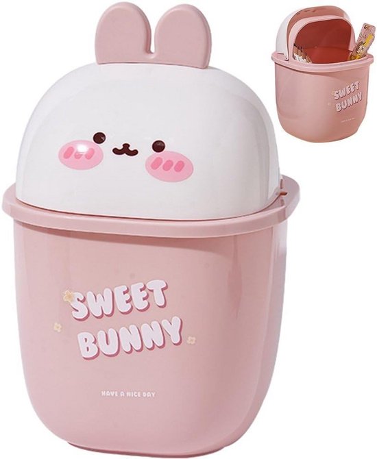 Roze prullenbak met witte deksel, konijnenoren en gezichtje. Tekst 'SWEET BUNNY'.