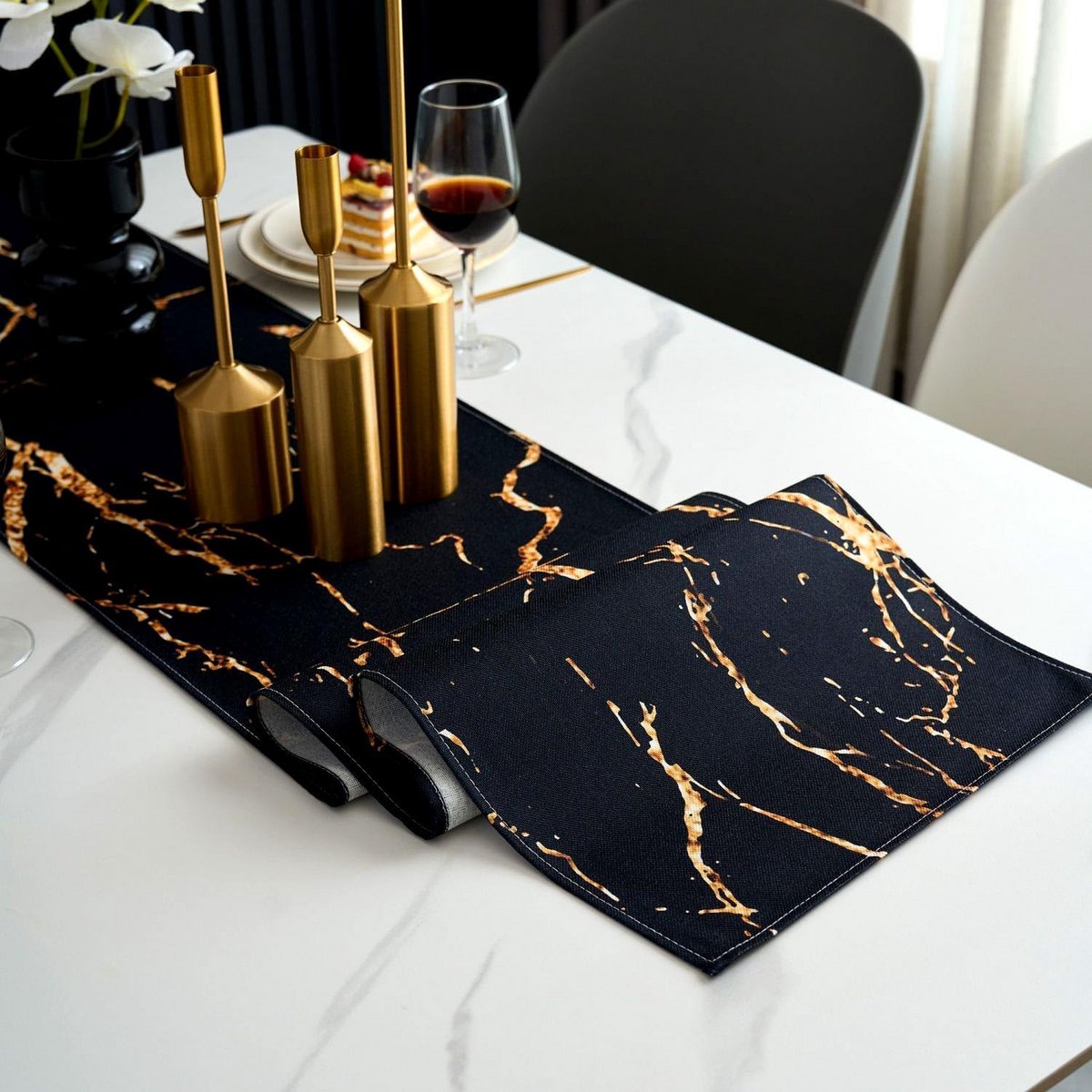 Moderne TafelLoper Zwart Goud 40x240 cm - Abstract Marmer Patroon Linnen