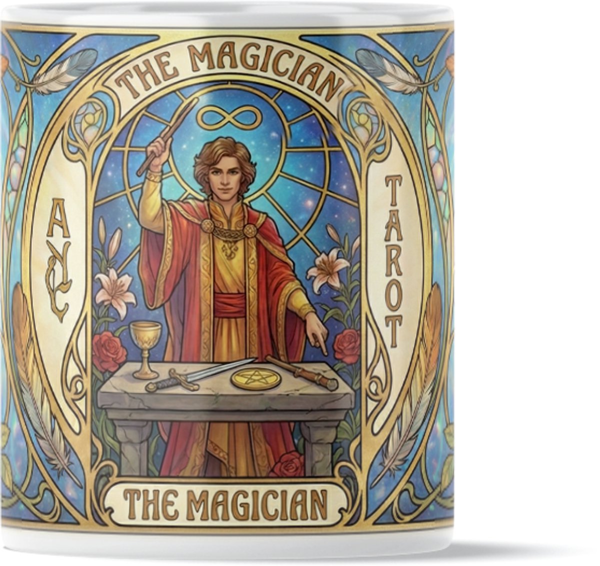 Mystieke Tarot Mok "The Magician" (De Magiër) - Art Nouveau Design met Rozen & Oneindigheidssymbool - Elegant Art Nouveau Design - Symbool voor Manifestatie & Wilskracht – Uniek Spiritueel Cadeau voor Vriendin of Vrouw - Vintage Stijl Illustratie