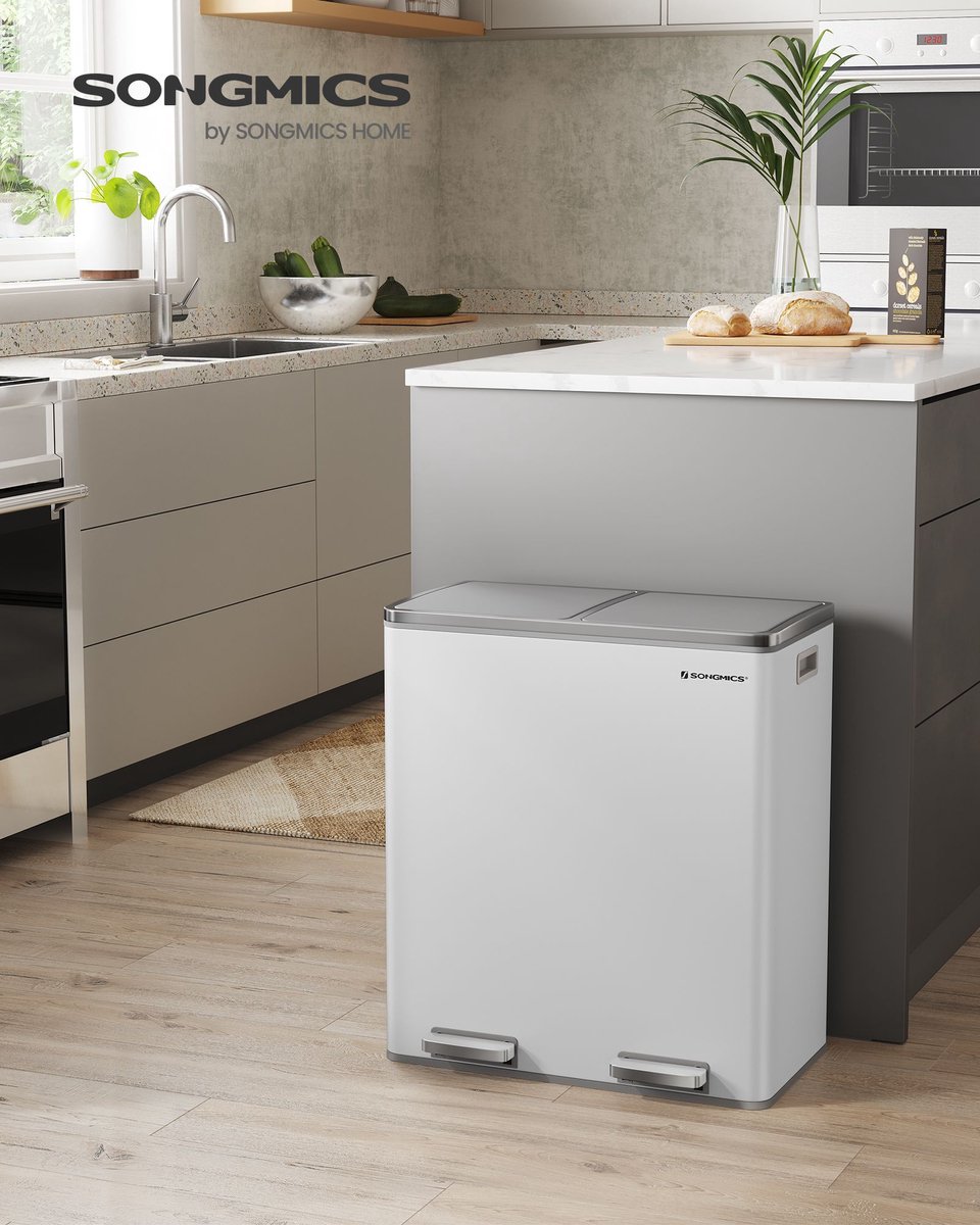 60L Puilkorf met twee compartimenten en pedaalbediening – Kunststof – Wit en grijs – Soft-close met binnenemmers