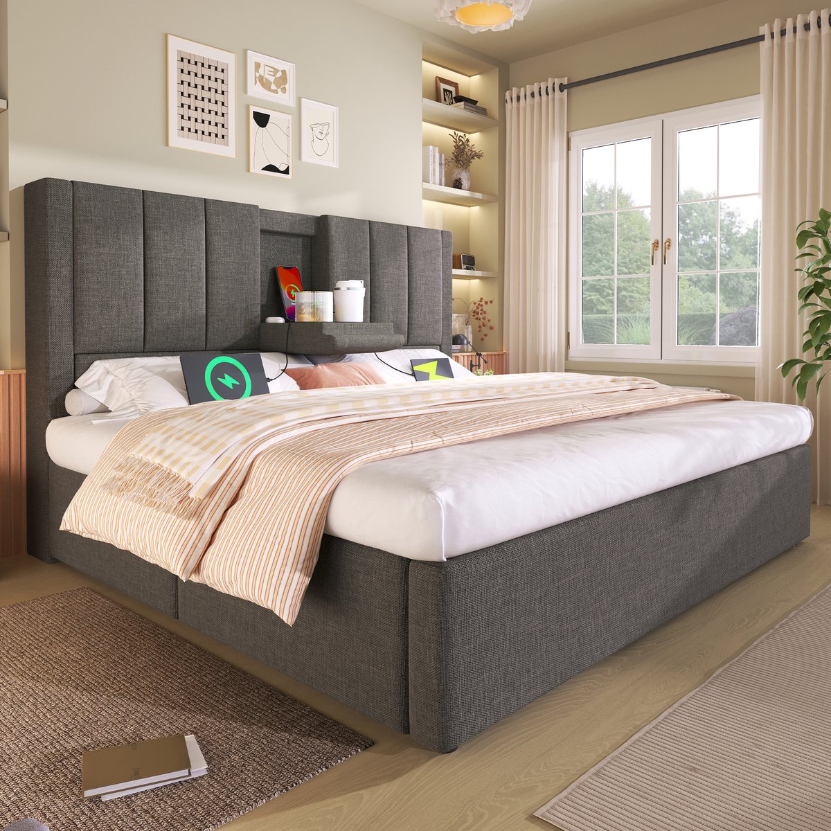 MODFU Bedframe 140x200 cm, gestoffeerd linnen, grijs, met opbergruimte en USB/Type-C