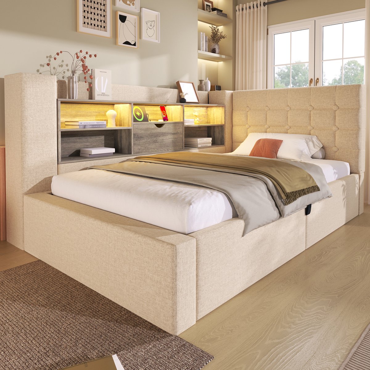 Merax Slaapbank 90x200 cm met LED-verlichting en opbergruimte - L-vormig hoofdeinde - omkeerbaar - beige - zonder matras