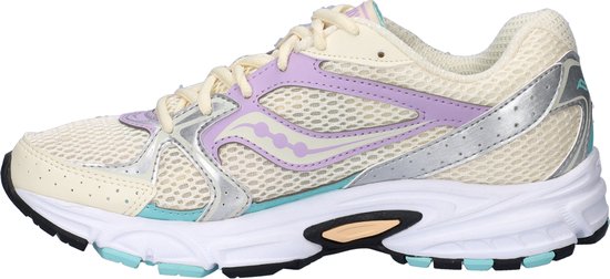 Crèmekleurige Saucony sneaker met paarse, zilveren en turkooise accenten. Sportief ontwerp met mesh.