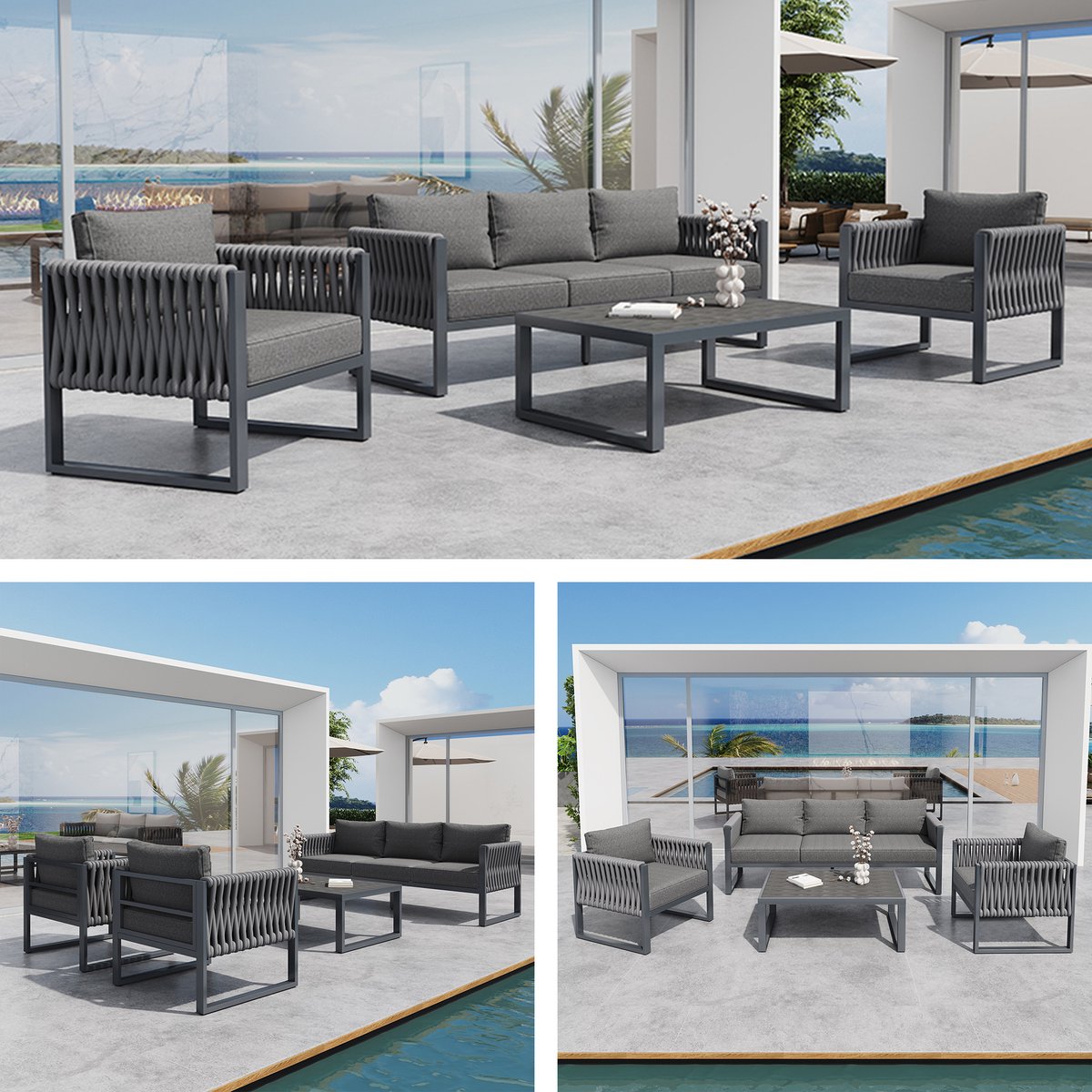 Tuinset buiten sofa 5-zits, tuinloungeset met verstelbare poten, kussens en roestvrij metalen frame voor balkon terras, grijs